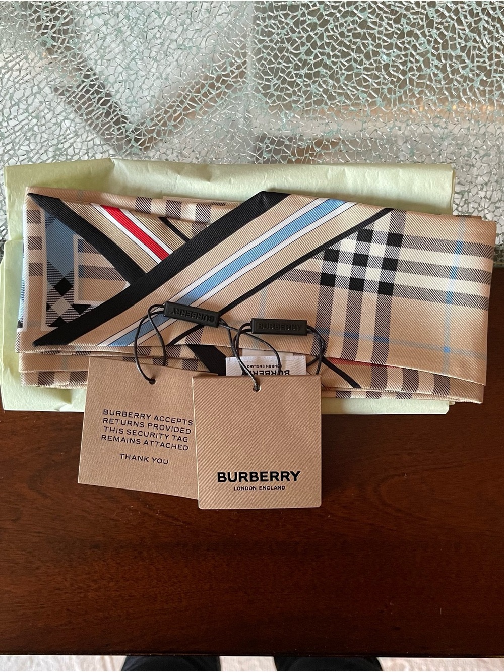Burberry Beige Plaid Silk Twilly with Light Blue & Red Accents - Picture 3 of 7